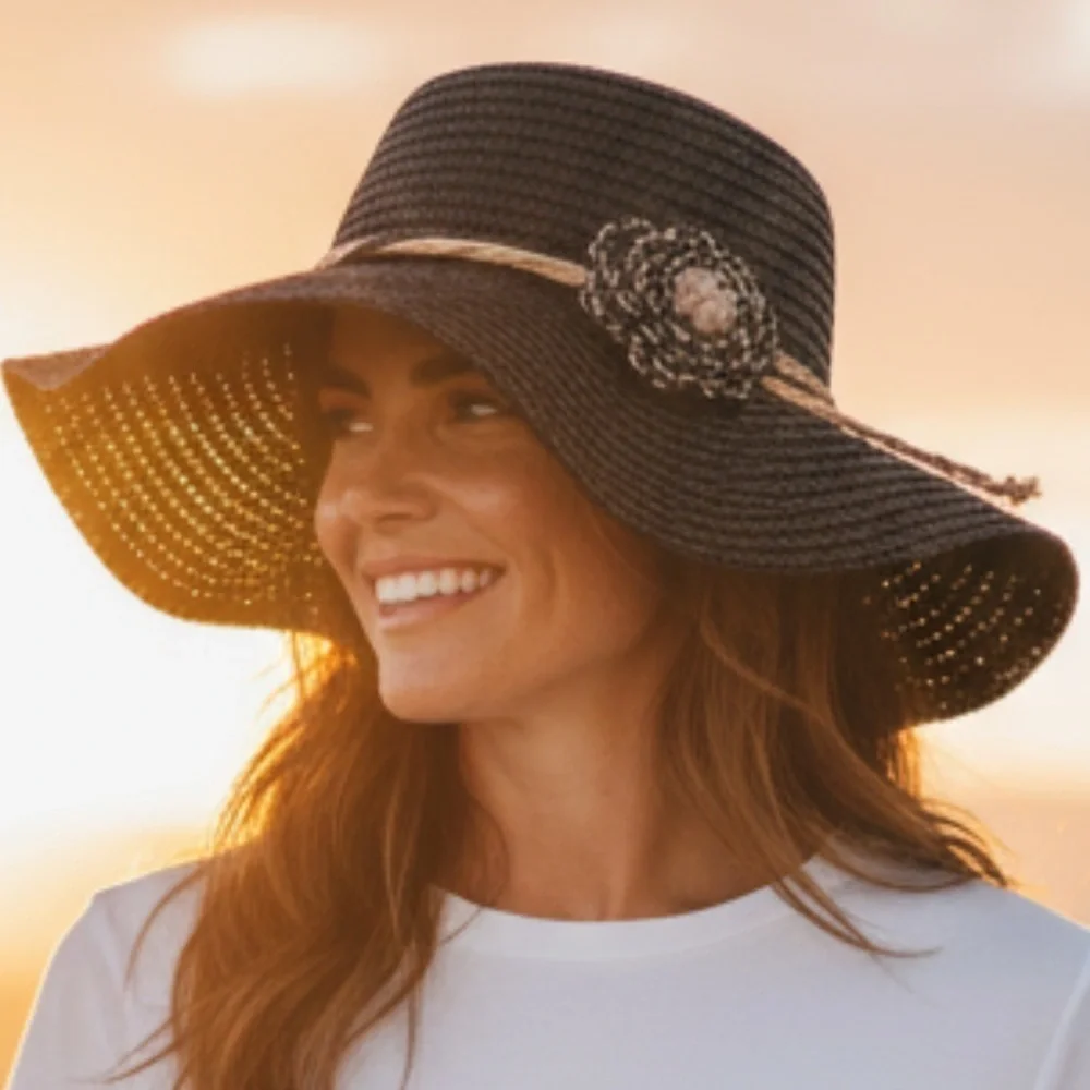 Ladies, floppy, black and brown hat with floral design one size excellent cond